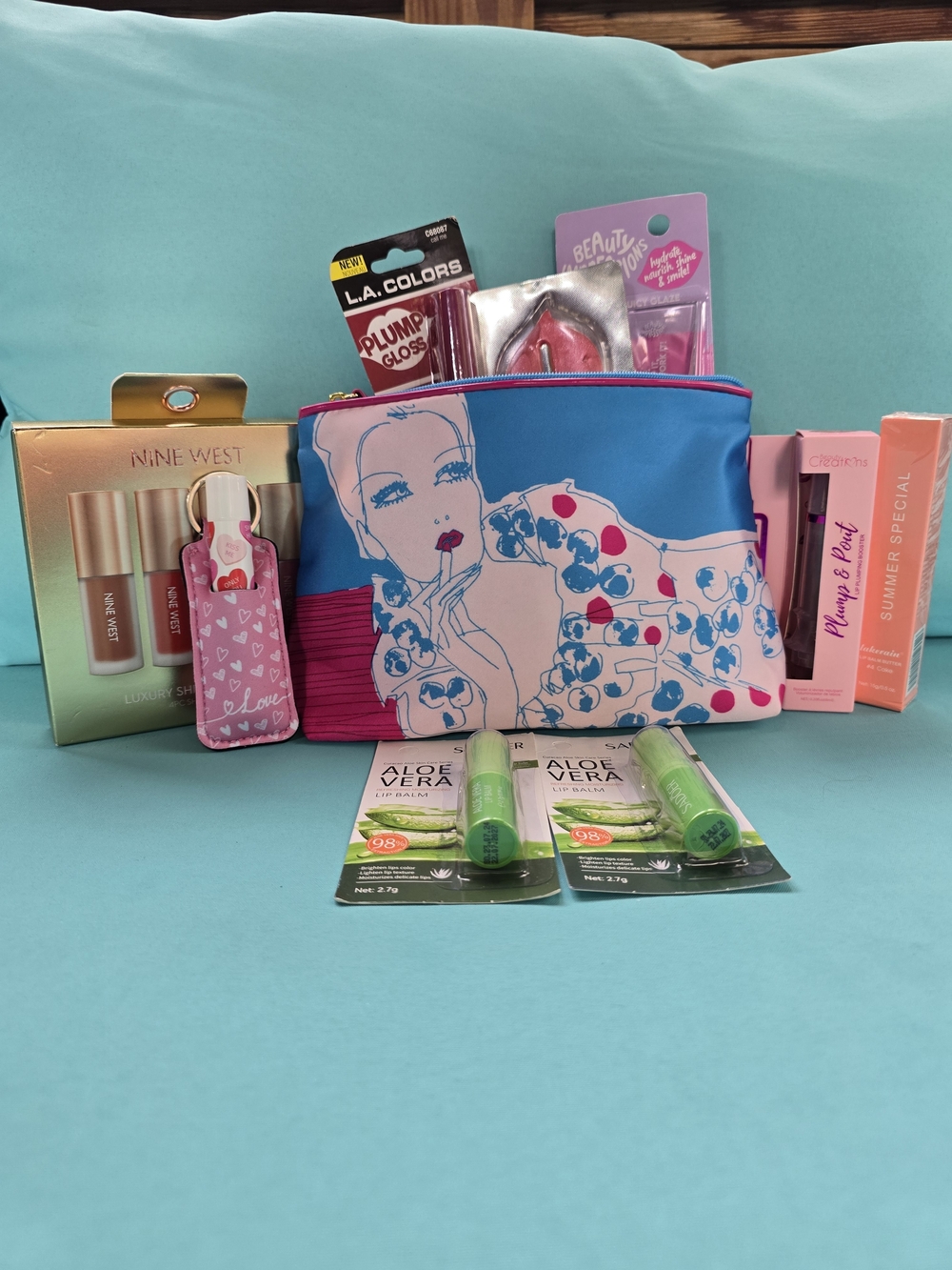 Nine West Blue & Pink Cosmetic Bag with Makeup Essentials